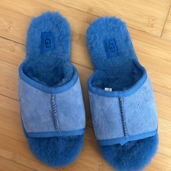 Ugg Suede Mellie Open Toe Genuine Shearling Slipper in Blue-Lyst - Picture 3 of 7